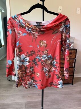 Investments Petites Womens Blouse PS Coral Red Floral Cowl Neck 3/4 Sleeve Mesh